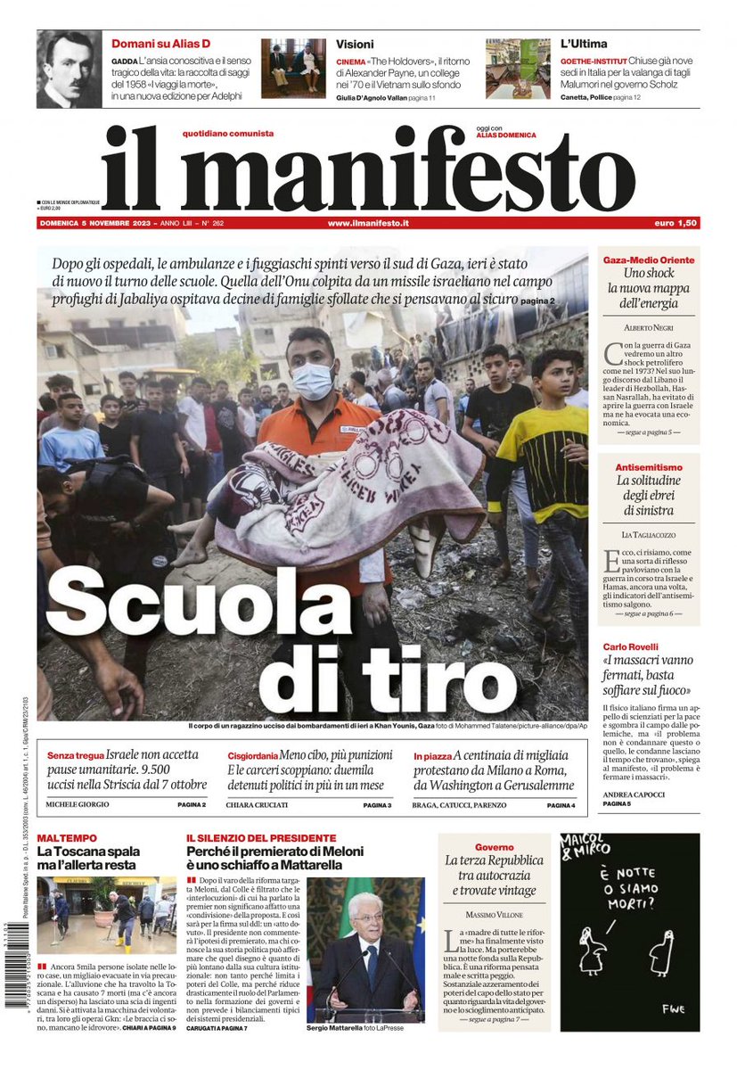 Dopo gli ospedali, le ambulanze e i fuggiaschi spinti verso il sud di Gaza, ieri è stato di nuovo il turno delle scuole. Quella dell’Onu colpita da un missile israeliano nel campo profughi di Jabaliya ospitava decine di famiglie sfollate #5novembre #laprima