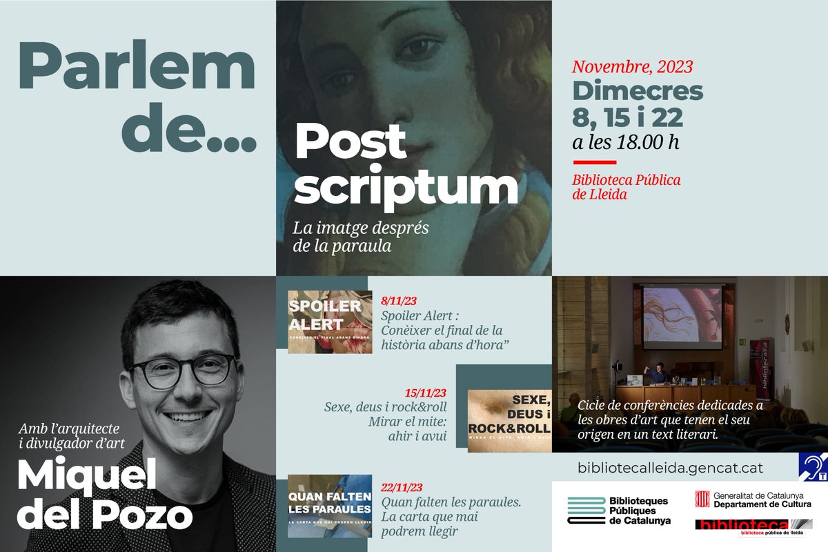 miqueldelpozo's tweet image. Nou cicle de 3 conferències #Postscriptum a la @bplleida

📆 Dimecres 8, 15 i 22 nov
🕕 18 h
📍#LLEIDA