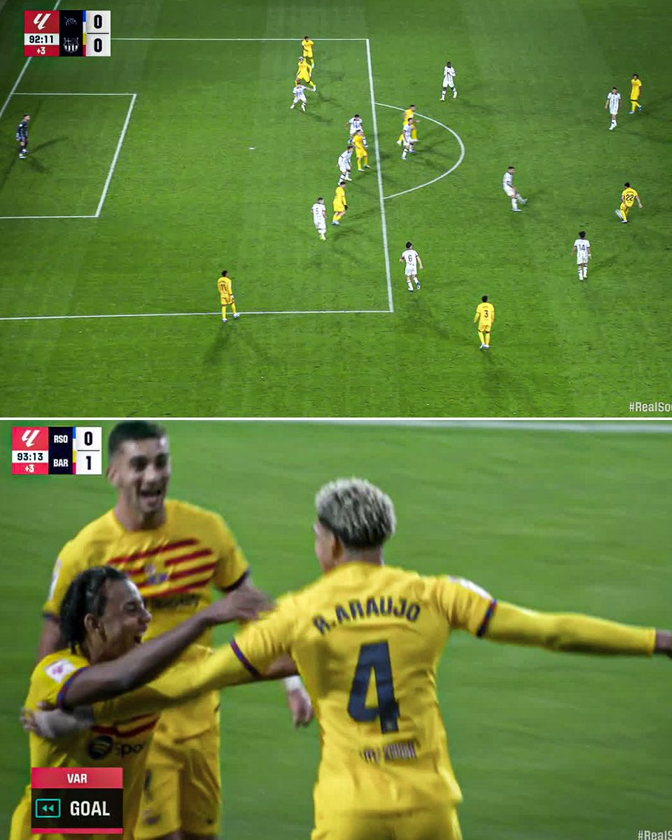 AFTER VAR REVIEW, ARAUJO'S GOAL STANDS AND HE WINS IT FOR BARCELONA 🙌