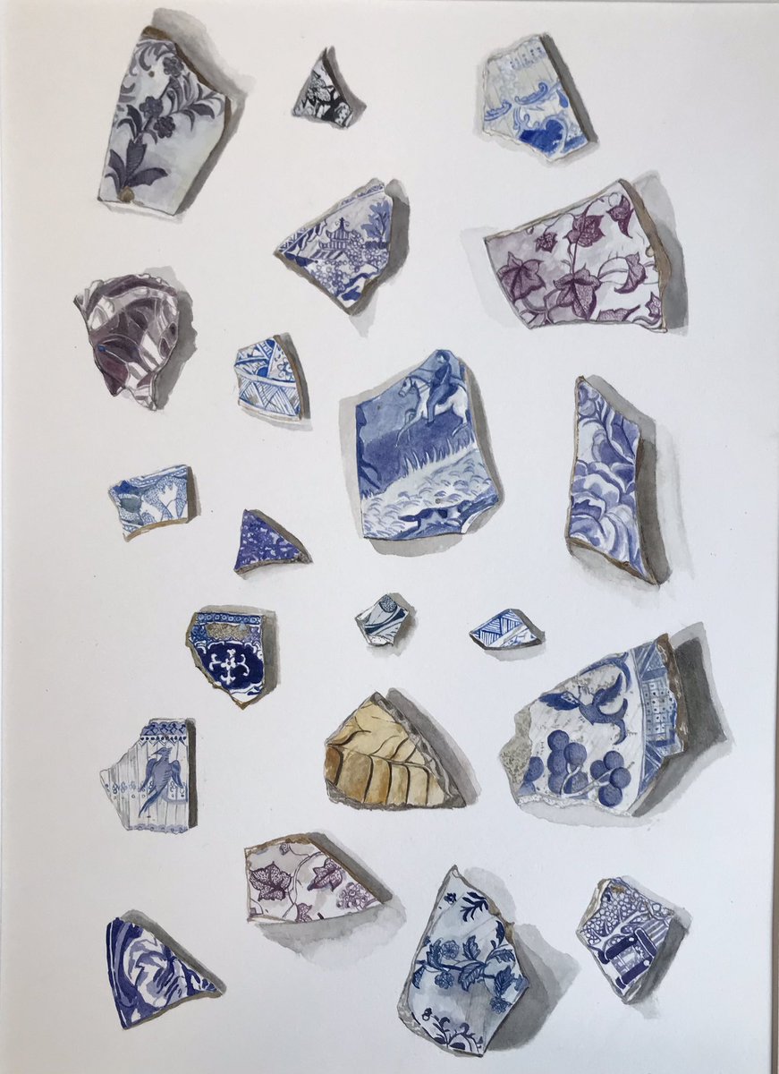 I found these fragments of ceramics in the garden, and painted them in watercolours.#stilllifepainting, #kentartists