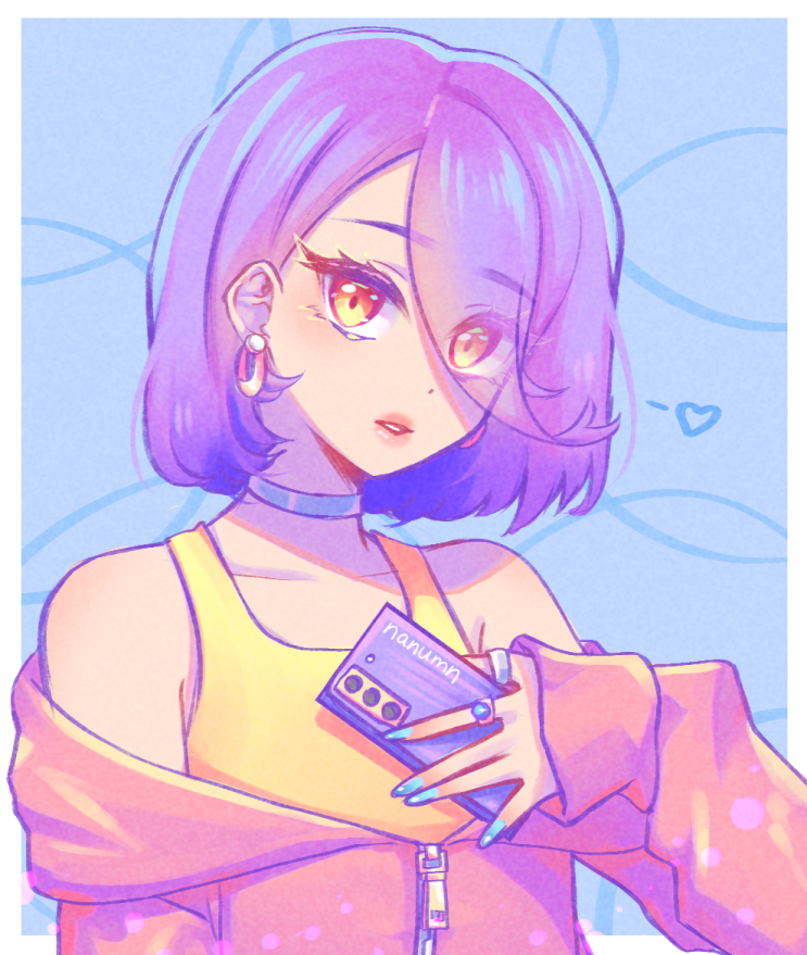 1girl solo earrings jewelry short hair purple hair holding  illustration images