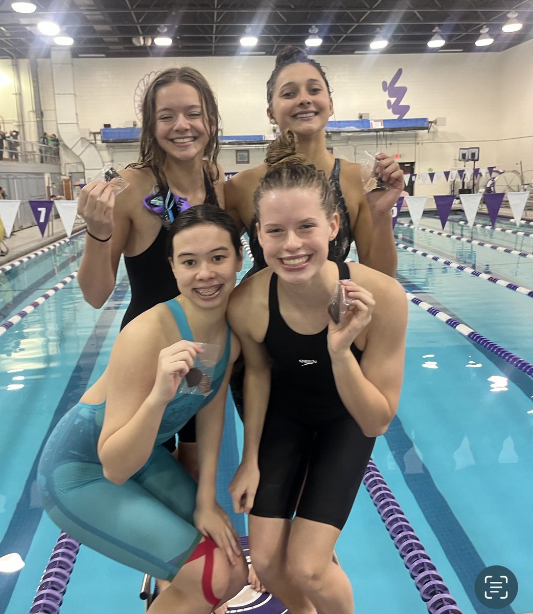 And the day ends as great as it started with these 4!!!!! 6th place finish AND new record in the 400 free relay! Amazing day Elise Emily Ella and Vera! Bring on state!!! 💥👏🏻👍🏻<a href="/RMHSMUSTANGS/">Rolling Meadows HS</a> <a href="/RMHSstampede/">STAMPEDE</a>