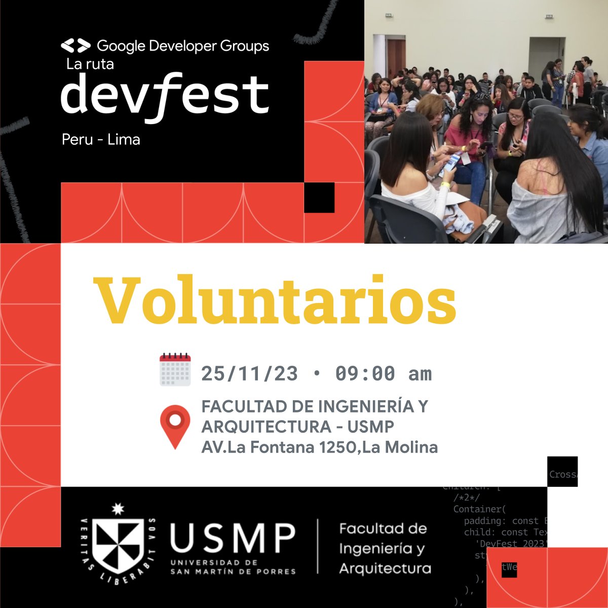 gdglima's tweet image. ¿Quieres ser parte del equipo de voluntarios para realizar nuestro próximo evento “La Ruta Devfest Perú : DevFestLima 2023”? Inscríbete aquí: bit.ly/3FHDPsy

#DevFestLima #DevFestLima23 #DevFest2023 #RutaDevFestPeru23  #RutaDevFestPeru #DevFestPeru #WTMLima #devfestst