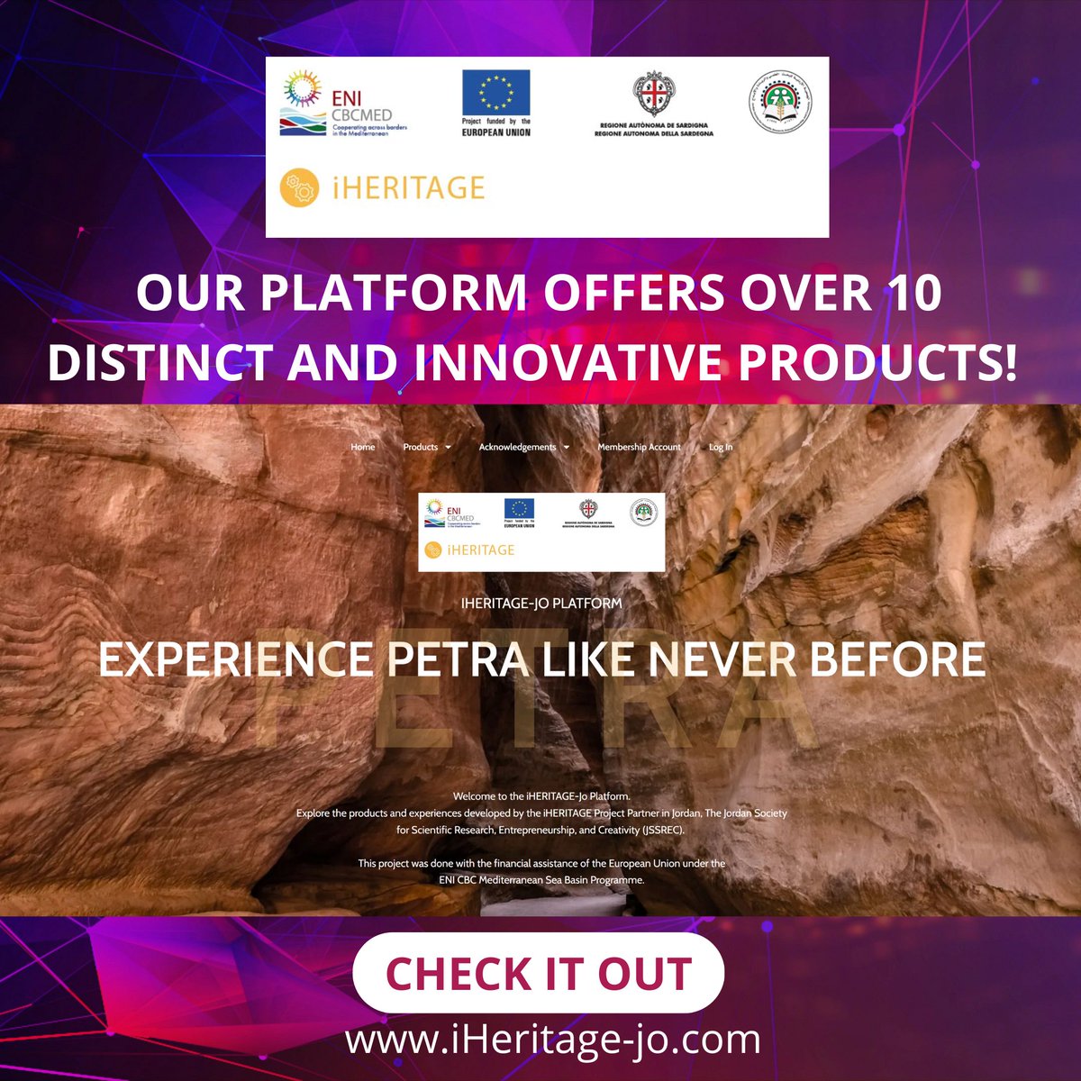 Check out our products now available at iHERITAGE-jo.com!

The ICT Mediterranean platform for UNESCO cultural heritage (iHeritage) project, funded by the ENI CBC Med Programme of the EU!

#iHERITAGE #GOMED #ENICBCMED #Jordan