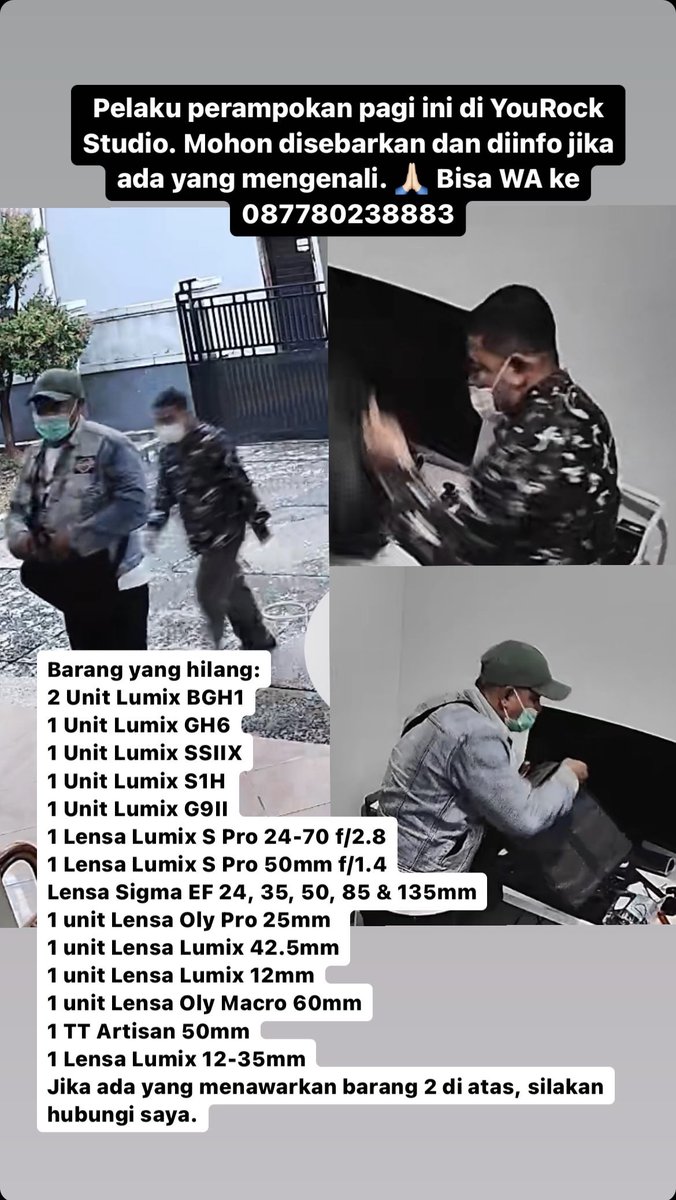 Telah kerampokan kantor kami. Mohon diinfokan jika mengenali pelaku dan menjual alat-alat di list dalam gambar.