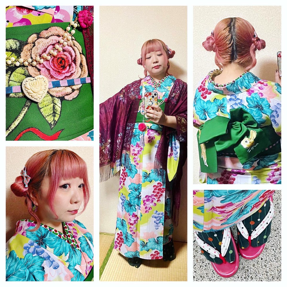 昨日) #今日の着物 grape latte セオα #浴衣 に #ボリスとウサギの浴衣