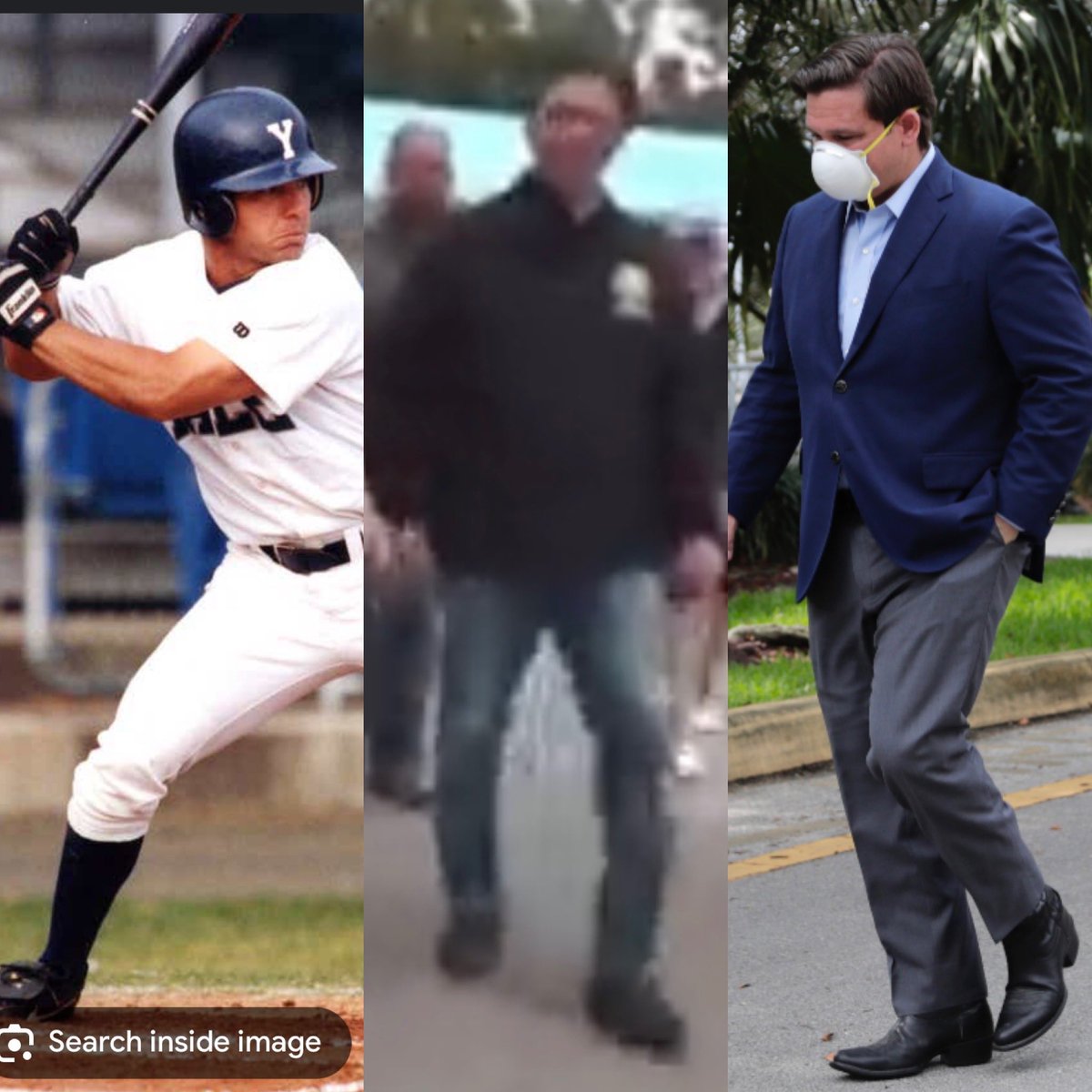 AvocadoThief's tweet photo. Ron DeSantis denies wearing lifts. But while most people’s lower legs are shorter than their upper legs (consistent with how DeSantis looked in college, photo on left), DeSantis’s lower legs have inexplicably become disproportionately long in recent years https://t.co/lniDCiK6JU