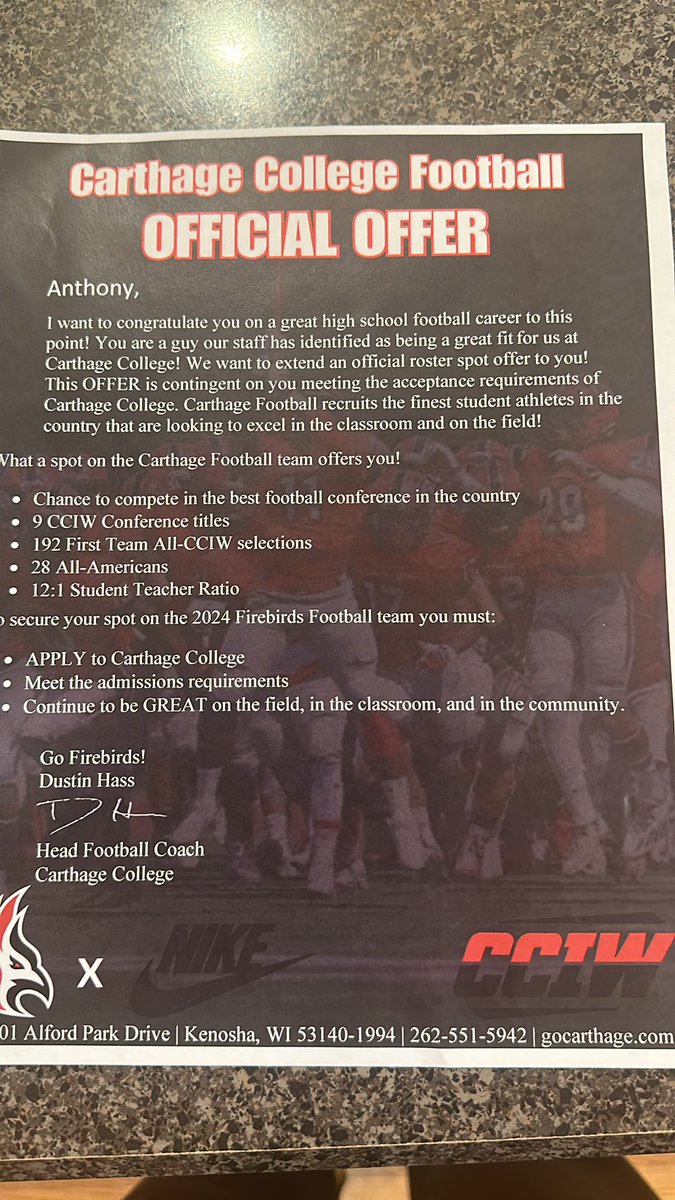 I’m so grateful to announce my first official offer to Carthage College! <a href="/BillB5252/">CoachB</a> <a href="/Carthage_FB/">Carthage Football</a> @JacobIodence <a href="/CoachDustinHass/">Dustin Hass</a>