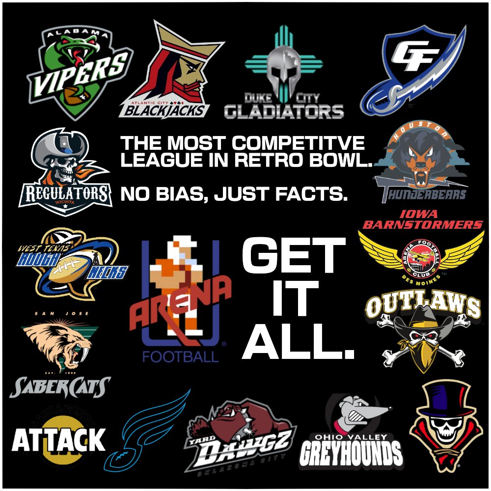 RBMAFL's tweet image. While our coaches are sending in their scores, the Retro Bowl Arena Football League awaits for some fresh meat. There are spots for new expansion teams in what could be the toughest season yet. 👀

DM us @RBAFLCommish and join the most competitive RB League. #GetItAll