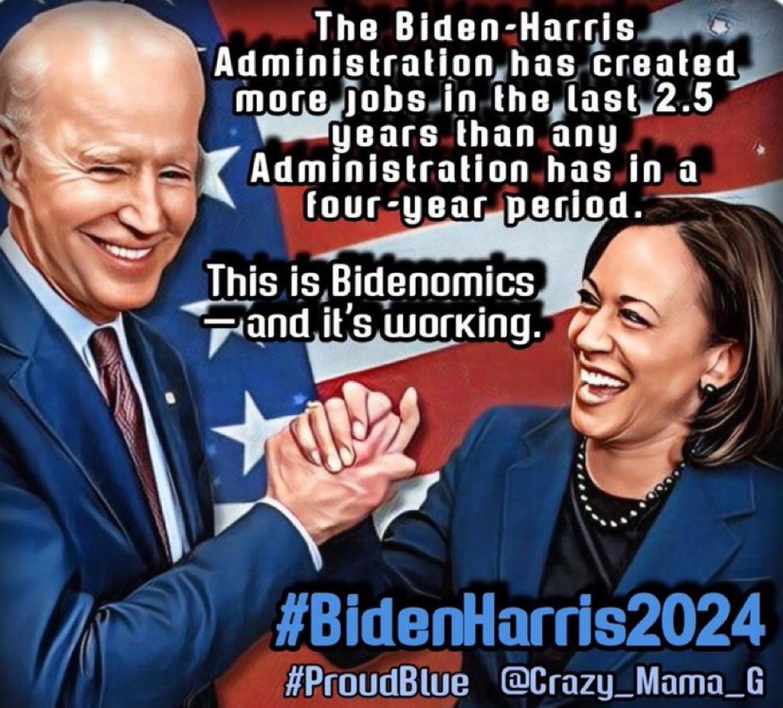 MargieVotes's tweet photo. #FreshStrong #DemVoice1 
Bidenomics is working! 

⭐️Record Job Creation
⭐️Low Unemployment
⭐️US Manufacturing Once More
⭐️The American Rescue Plan
⭐️$1.2T Infrastructure projects 
⭐️The CHIPS and Science Act
⭐️The PACT Act for Veterans
⭐️The Inflation Reduction Act 
⭐️Rebuilt NATO (timely) 
⭐️Medicare Pharma Negotiation

President Joe Biden supports Democracy, Rule of Law, Unions and the working people of America. 
#BidenHarris2024