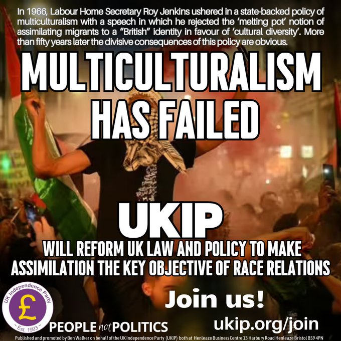 UKIP's tweet image. Labour gave us multiculturalism. The &quot;one nation&quot; #Tories  never even tried to stop it. Things got worse, and they won&apos;t get better while we keep voting for #LibLabCon governments. We are losing our country fast. Multiculturalism has failed. #VoteUKIP. We want our country back