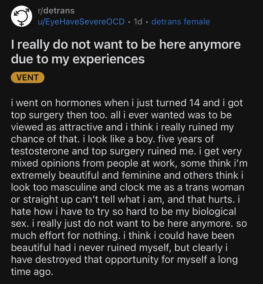 When they tell you “gender affirming care” saves lives, please show them this. Another heartbreaking detransitioner story from someone who was medically transed as a child 💔 

Share their stories to help make sure other vulnerable youth do not go down the same path. #DETRANS