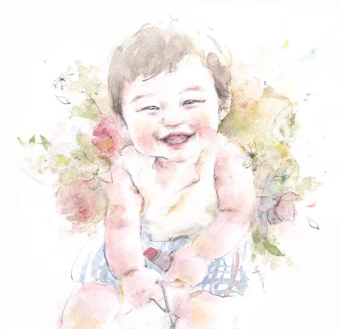嬉しいことがあると顔を見上げて、『みてー』とばかりの笑顔で訴えてくるのが愛らしい…!#オーダー水彩画 