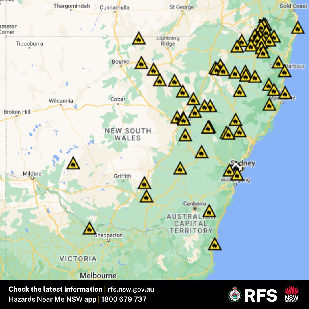 At 10am today there are 66 fires burning across NSW, 14 not yet contained. All fires currently burning are at the 'Advice' level. Thanks to the more than 400 firefighters and incident management specialists currently working to contain these fires. rfs.nsw.gov.au/fnm #RFS