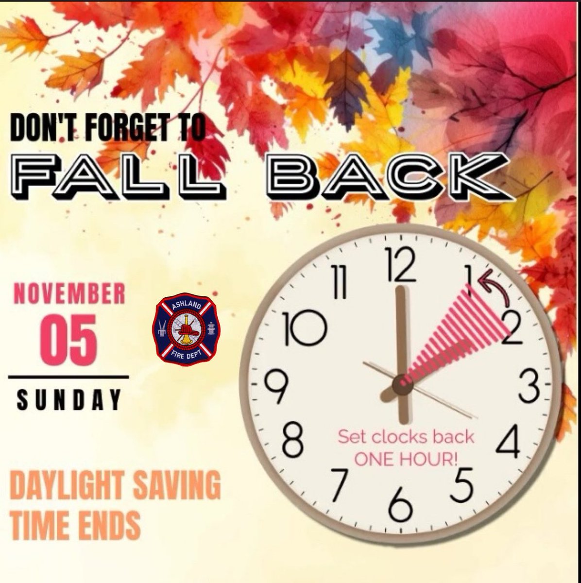 AshlandFireDept's tweet image. Don’t forget to set your clocks BACK an hour before going to bed tonight!

Tomorrow, remember to check/change the batteries in your smoke alarms, carbon monoxide alarms &amp;amp; weather radios!

#AshlandNebraska
#StandardTime