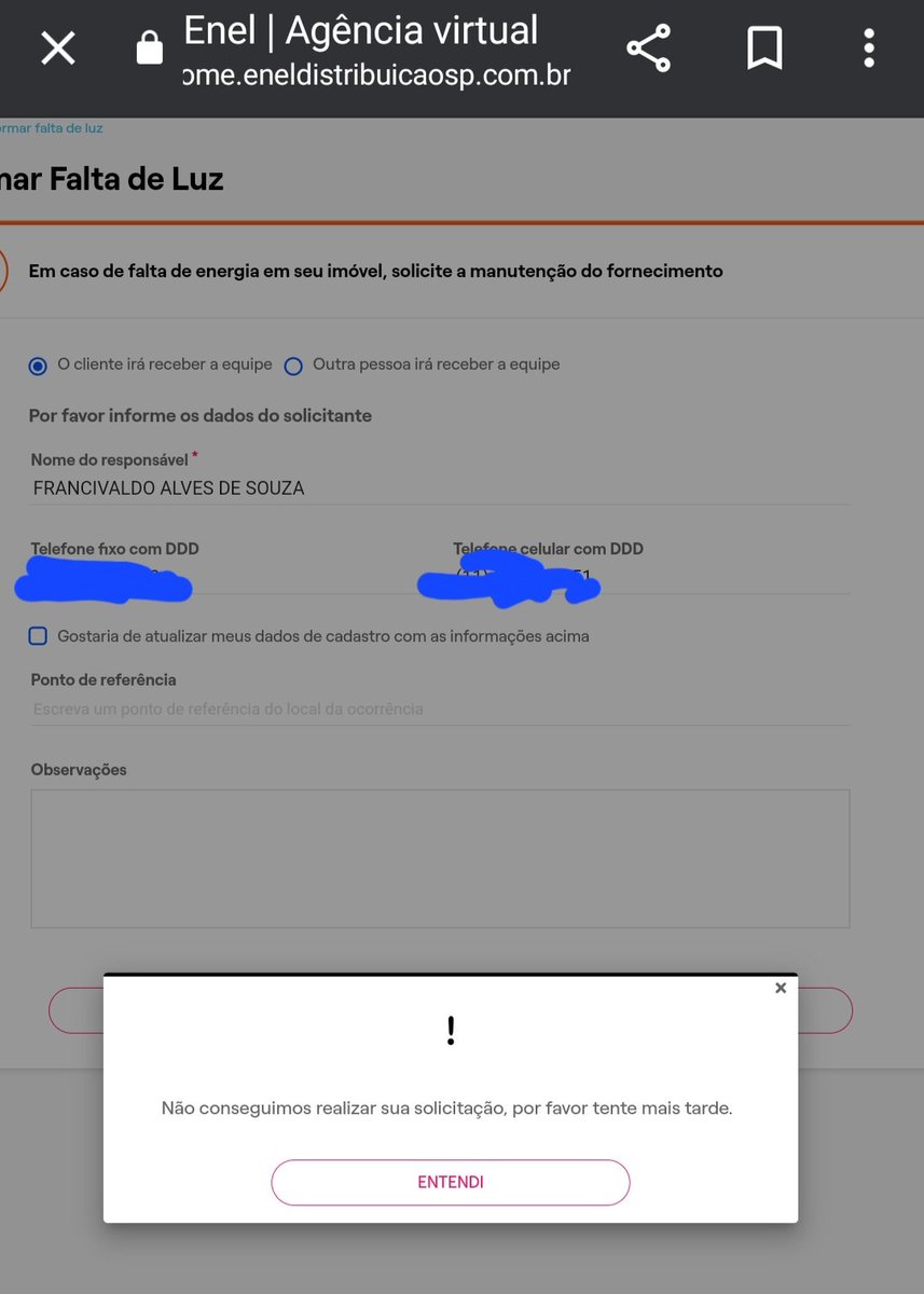 Todas as vezes que tento abrir um protocolo na <a href="/enelbrasil/">Enel Brasil</a> são Paulo apresenta o erro abaixo, também tentei pelo 0800,  foi impossível, na gravação eles informaram que é possível abrir pelo site ou APP, sempre dá erro, total descaso, e já se foram mais de 24h sem energia em casa