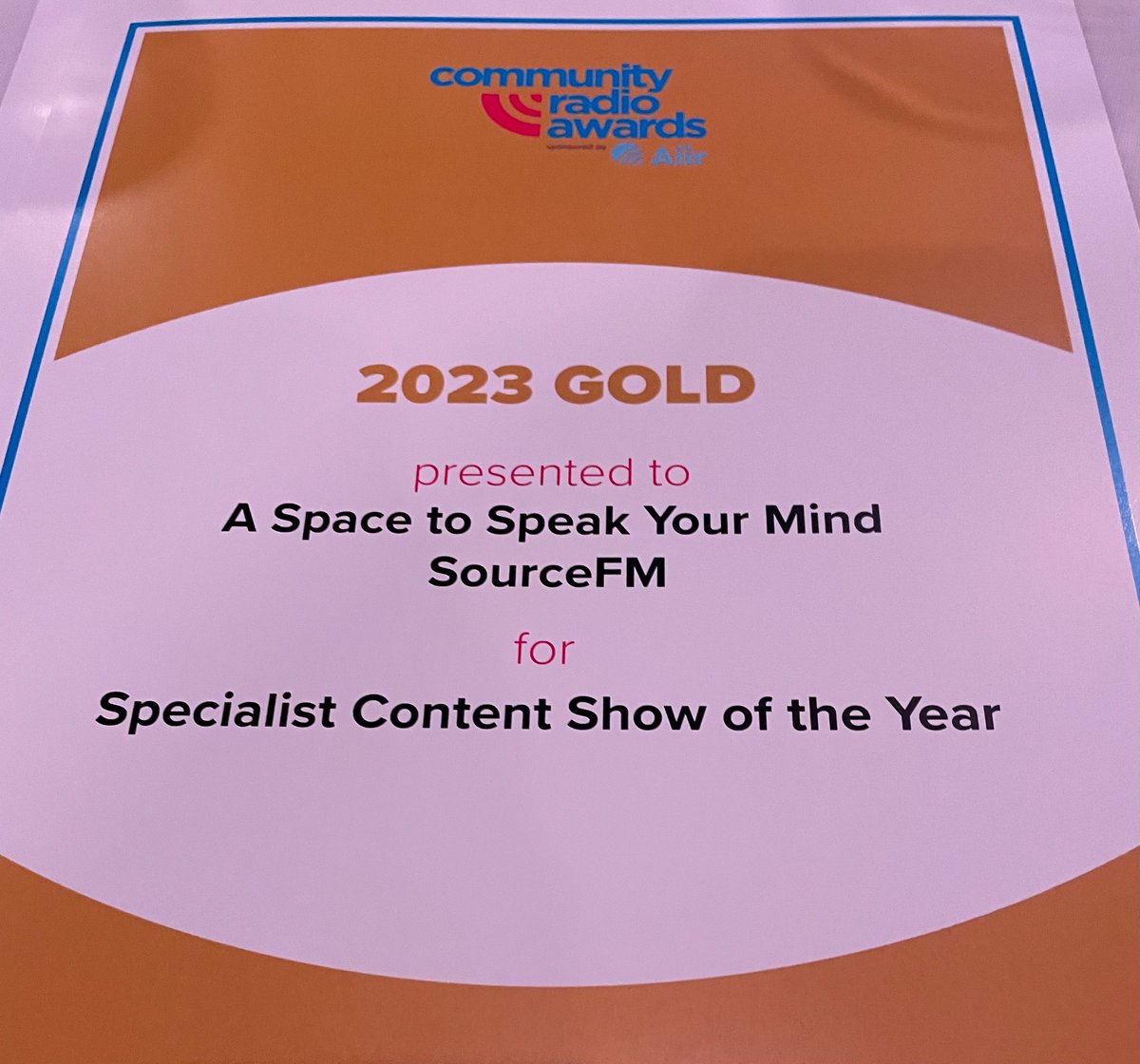 We picked up Gold for ‘Specialist Content of the Year’ &amp; Bronze for ‘Community Radio show of the Year’ at the Community Radio awards tonight. Thank you to everyone who has had the courage to tell their story  #mentalhealth #cornwall #mind #cra2023 #community  #sourcefm #falmouth
