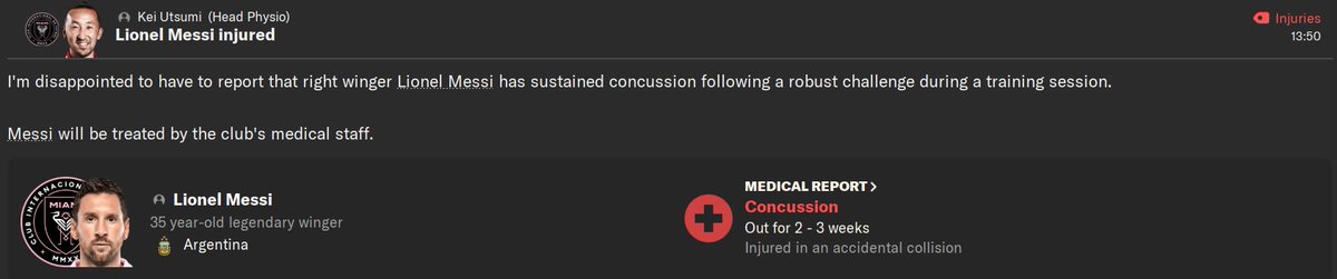 theFFM_'s tweet image. Messi, the player who rarely gets injured, is injured.

#FM24EarlyAccess hates me.