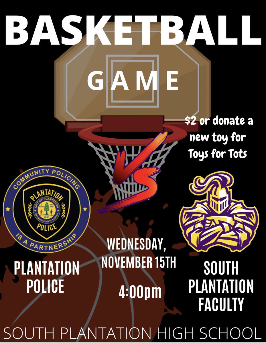 sphsactivities's tweet photo. SPHS Paladins Faculty vs Plantation Police Ballers
🏀Basketball 🏀 Game
🕓Time: 4:00 🕓 
🗓️ Wednesday, 11/15 
💜💛SPHS GYM💜💛
Entry: $2 or new toy for Toys for Tots https://t.co/kLjrRxDDM0