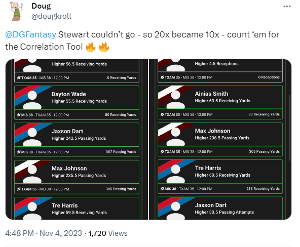 thomasjordaniv's tweet photo. Since we've had so much CFB Correlation success today, let's do a giveaway before NFL tomorrow 😈

I'll be giving away one free month of Correlation Tool access to one person that Likes + RT's this tweet! Must also be following me. 

I'll announce the winner tonight around 10PM ET! 

Goodluck if you enter 👇

https://t.co/T00LMyo3yH 

#DFS #PlayerProps #GamblingTwitter #PrizePicks