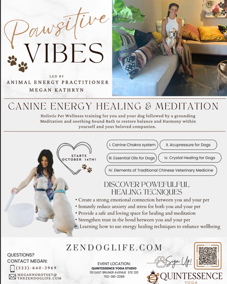 🐾 PAWSITIVE VIBES 🐾 

Join us at @quintessenceyogastudio November 18th at 12 PM for the next Pawsitive Vibes Class by @thezendoglife for holistic pet wellness training followed by a grounding meditation and soothing sound bath!

Discover powerful healing techniques while creati