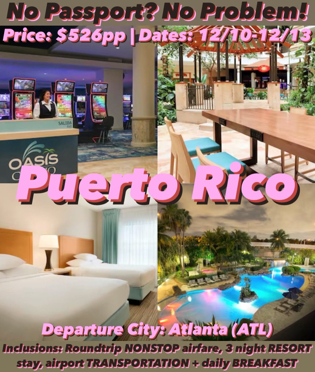 TravelByKi's tweet photo. ☀️🇵🇷 San Juan, Puerto Rico 🇵🇷☀️

✨ Family Friendly
✨ Near Isla Verde Beach
✨ Upgrades Available

⚠️ Interested in other travel dates &amp;&amp;/or flying from another city? DM for pricing!

🚨 Follow @TravelByKi on Instagram ✈️ 

#TravelAgent #PuertoRico #TravelDeals #LastMinuteDeals https://t.co/OuoPryaWdk