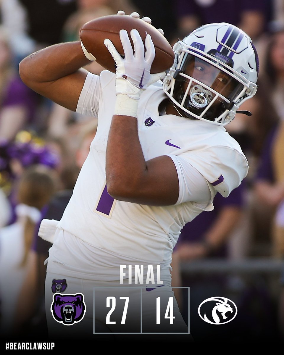 UCA_Football's tweet photo. BEARS WIN!!! UCA downs UNA behind a 400-yard offensive effort and a stingy defense. Bears now 6-3 and 3-1. #BearClawsUp x #FearTheStripes #ThisIsWinning @MyARLottery https://t.co/udmS33CeFP