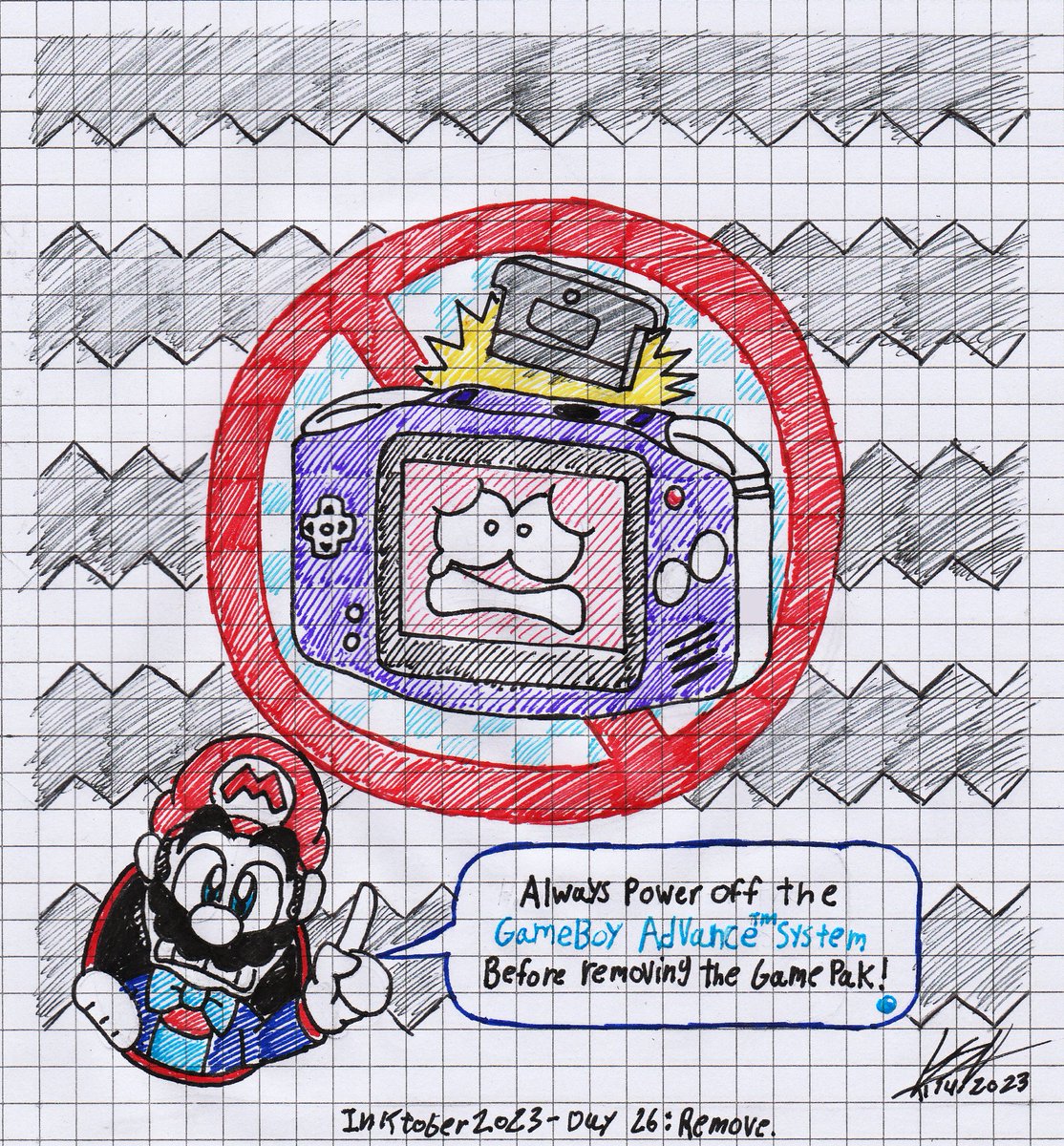 NintenMessenger's tweet photo. Inktober 2023 - Day 26: Remove.
"Always power off the GameBoy Advance™ System before removing the game pak!"
#inktober2023 #Inktober2023 #InktoberDay26 #InktoberRemove #Remove #GameBoyAdvance #Nintendo #Mario #Fanart https://t.co/I0TNOwmnSD