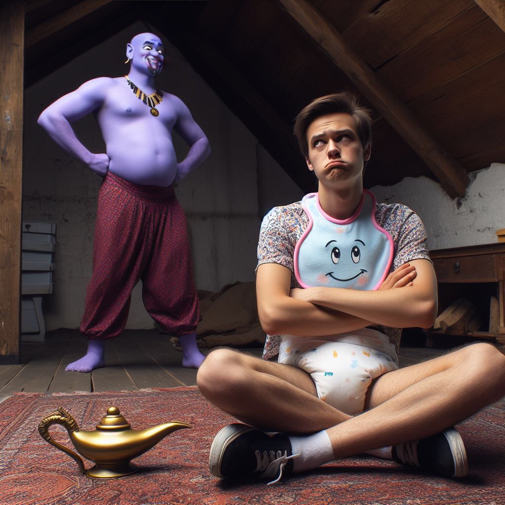 CrinkleButtAi's tweet photo. His wish has been granted... Sort of. ABDL inspired Ai artwork. 😊

Caption: “What? You did say your third wish was to have a “pampered life with no responsibilities”, Master.” https://t.co/M6NRgmMA5X