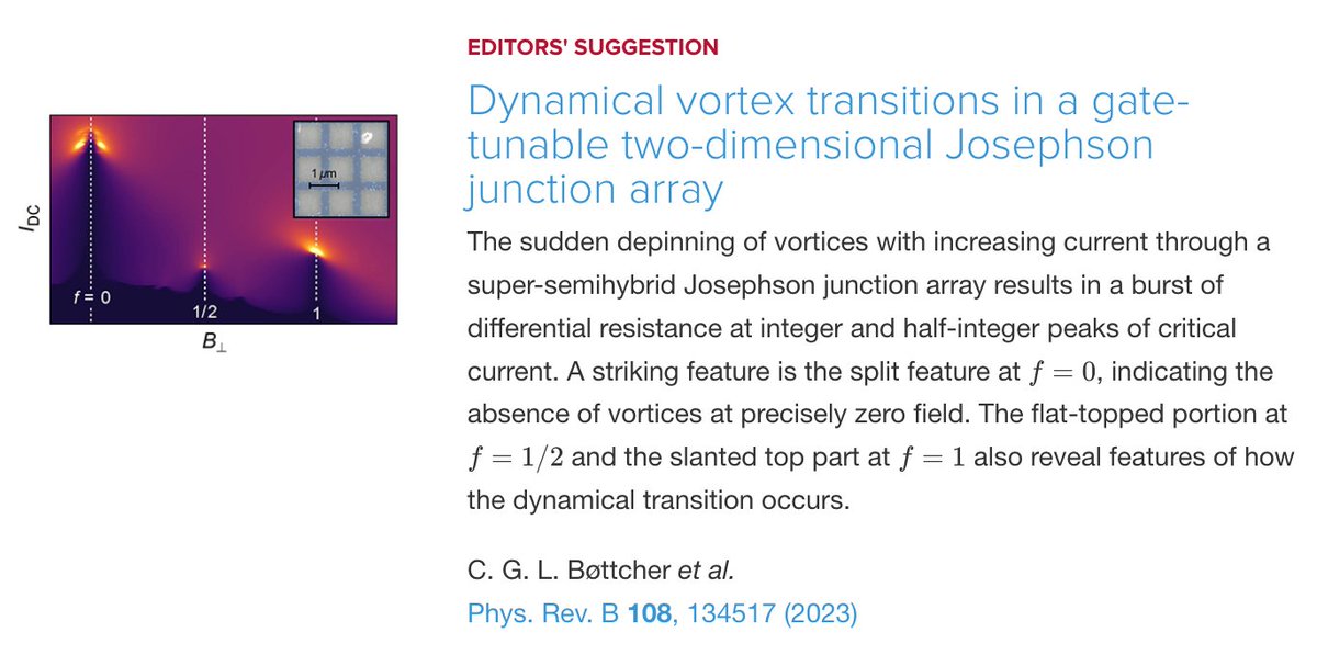 PhysRevB's tweet image. PRB Editors' Suggestion: Dynamical vortex transitions in a gate-tunable two-dimensional #Josephson junction array

C. G. L. Bøttcher, F. Nichele, J. Shabani, C. J. Palmstrøm et al.,
Phys. Rev. B 108, 134517

➡️ go.aps.org/3QABA0r
#EdSugg #condmat #physics @APSPhysics