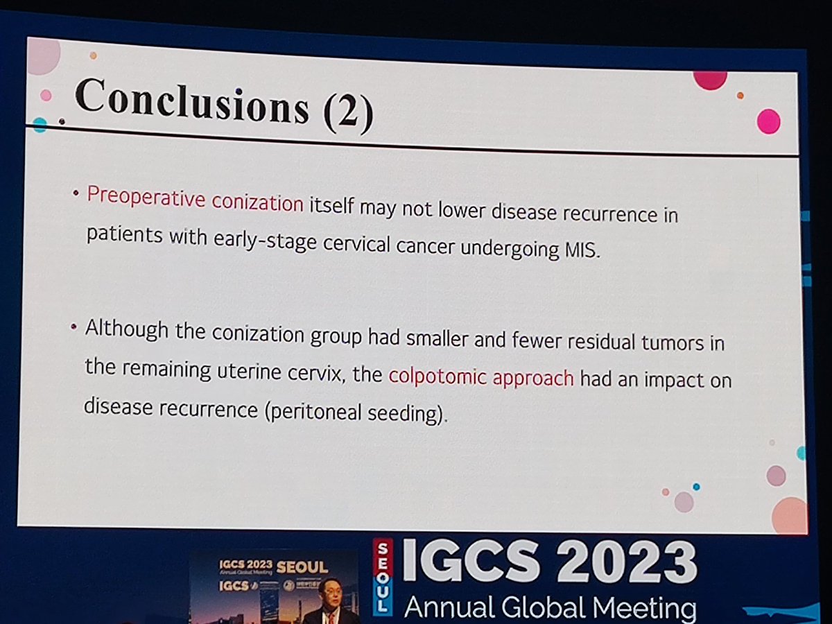 GORILLA study at #IGCS2023 shows that MIS is unsafe for <2cm cervical cancer. Intracorporeal colpotomy had worse outcome. Pre operative conization (may) not offer added advantage.. @IGCSociety @IJGConline @IJGCfellows @pedroramirezMD