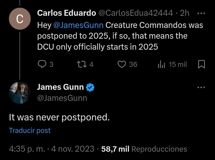 ovandoster's tweet photo. James Gunn desmiente al estudio de animación y asegura que #CreaturesCommando nunca se pospuso para el 2025. Ahora a ver cuando desaparece esa cuenta que elaboró la pregunta. https://t.co/ILm11monLc