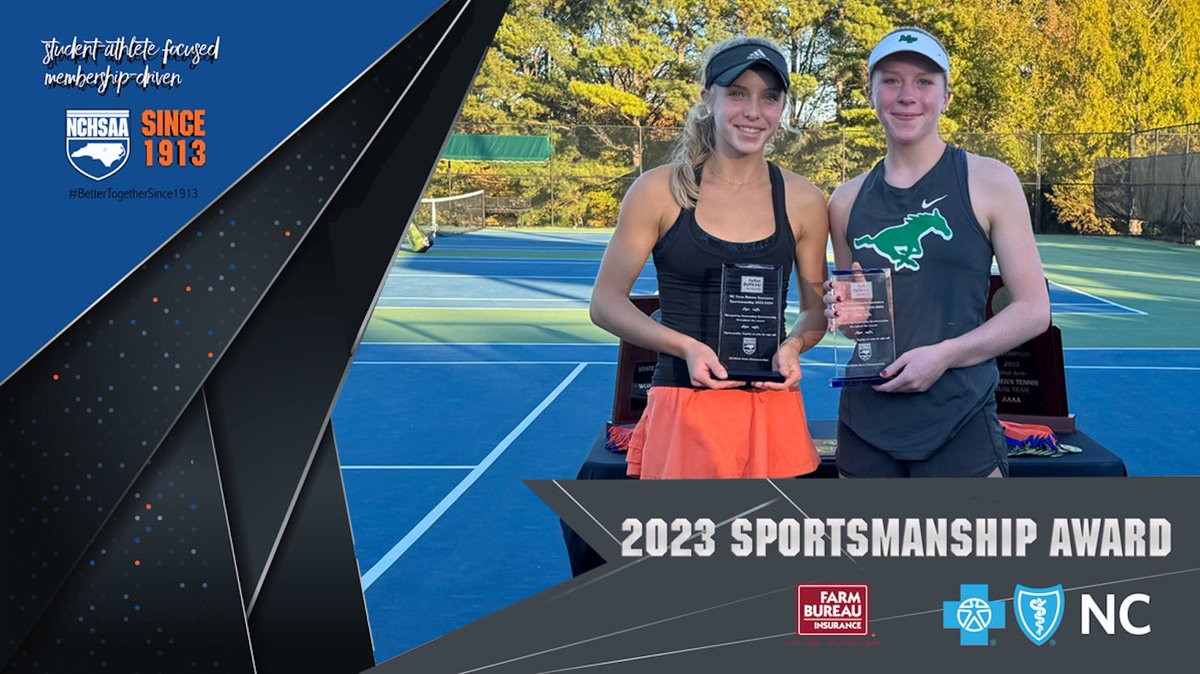 Huge shoutout to the 2023 Women’s Dual Team Tennis <a href="/NCFarmBureau/">NC Farm Bureau Federation</a> Sportsmanship Award winners!!

1A- Audrey Brown (Mount Airy) &amp;
CeCe Meath (Voyager Academy)

2A- Ramsey Ross (Hendersonville) &amp; Olivia Hankinson (Research Triangle)

3A- Aileen Huynh (Lake Norman Charter) &amp; Sophie