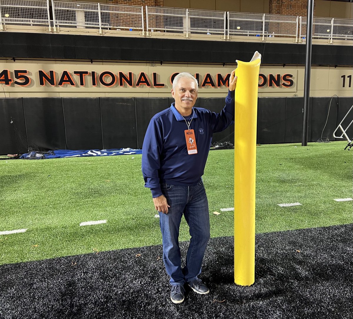 Brett_McMurphy's tweet image. What was left of the east endzone goal post after Bedlam. The rest of it is in Theta Pond