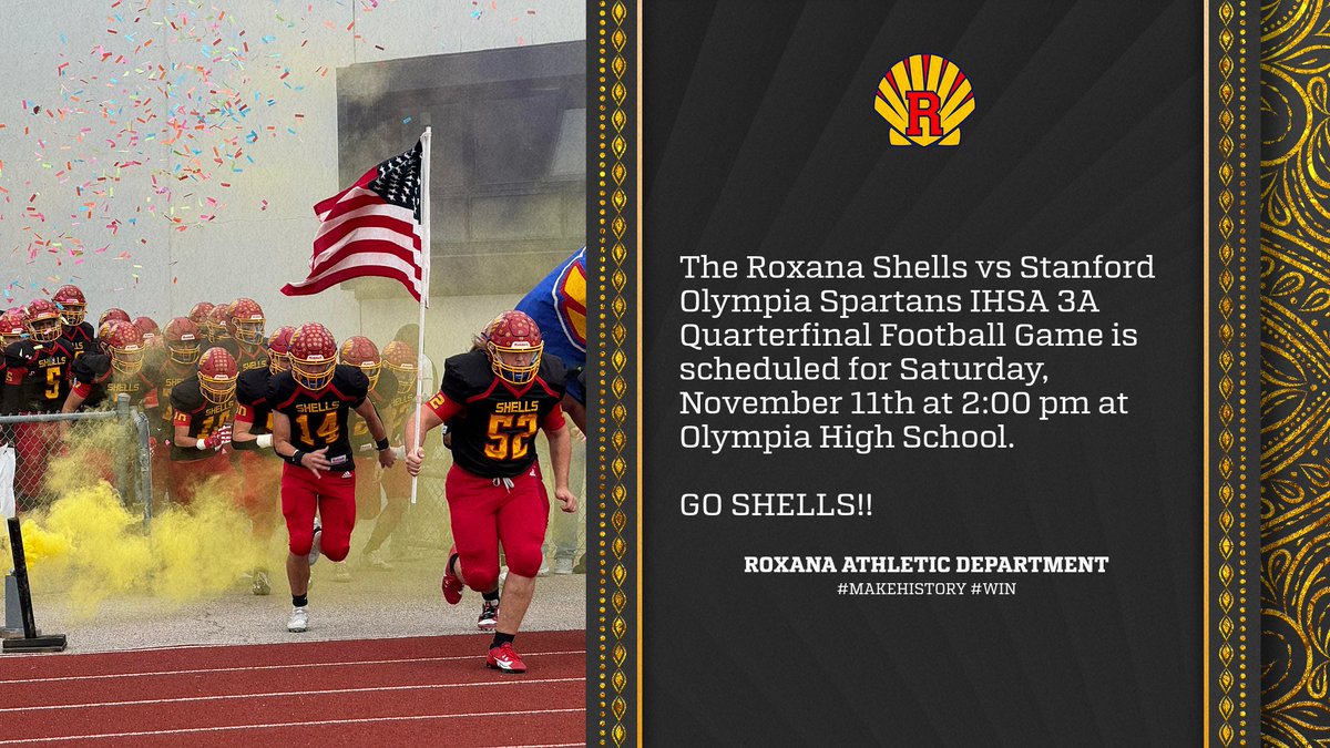 RoxanaAthletics's tweet photo. Shells Football moves to 11-0 with a 48-47 win over St. Joseph-Ogden in Round 2 of the IHSA Playoffs. Tremendous showing from our #SHELLNATION today! Unbelievable atmosphere for a high-level high school football game today.....UP NEXT... THE OLYMPIA SPARTANS.
@RHS_Shells https://t.co/HPBYzPVwZq