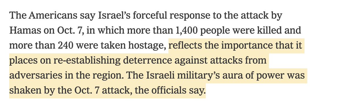 US officials acknowledge that Israel's Gaza assault has nothing to do with self-defense. It's about preserving 'the Israeli military’s aura of power', which 'was shaken by the Oct. 7 attack.' Israel is slaughtering thousands of civilians to protect its 'aura of power.'