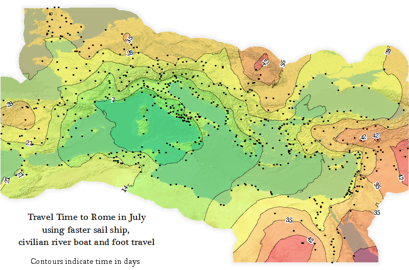 lefineder's tweet photo. Maps from Orbis, a model of speed and cost of transport in the Roman Empire.
Travel time to Rome in days in July: https://t.co/19HRZXSOtj
