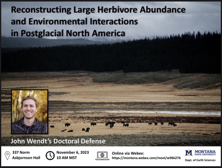 Happy National Bison Day! 

I wrote a whole dissertation on bison paleoecology. Join my defense on Monday if you want to learn how to use bison poop and lake mud to reconstruct past herbivore presence and ecological impacts.

Details and link below👇