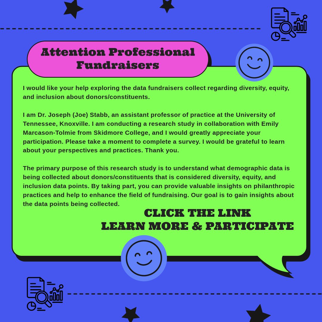 Fundraisers, we need your help exploring the DEI data that is collected about your donors/constituents. Click the link to volunteer and answer a short survey about the data that you collect. Learn more at: tiny.utk.edu/dei23survey

#fundraising #philanthropy #fundraiser