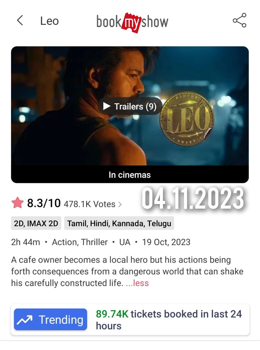 #LEO #BookMyShow @BookMyShow 04.11.2023 - 90K+ Tickets Sold Total Ticket Sales Through BMS Platform Alone = 8.37M+ (Pre-Sales + 17 Days)