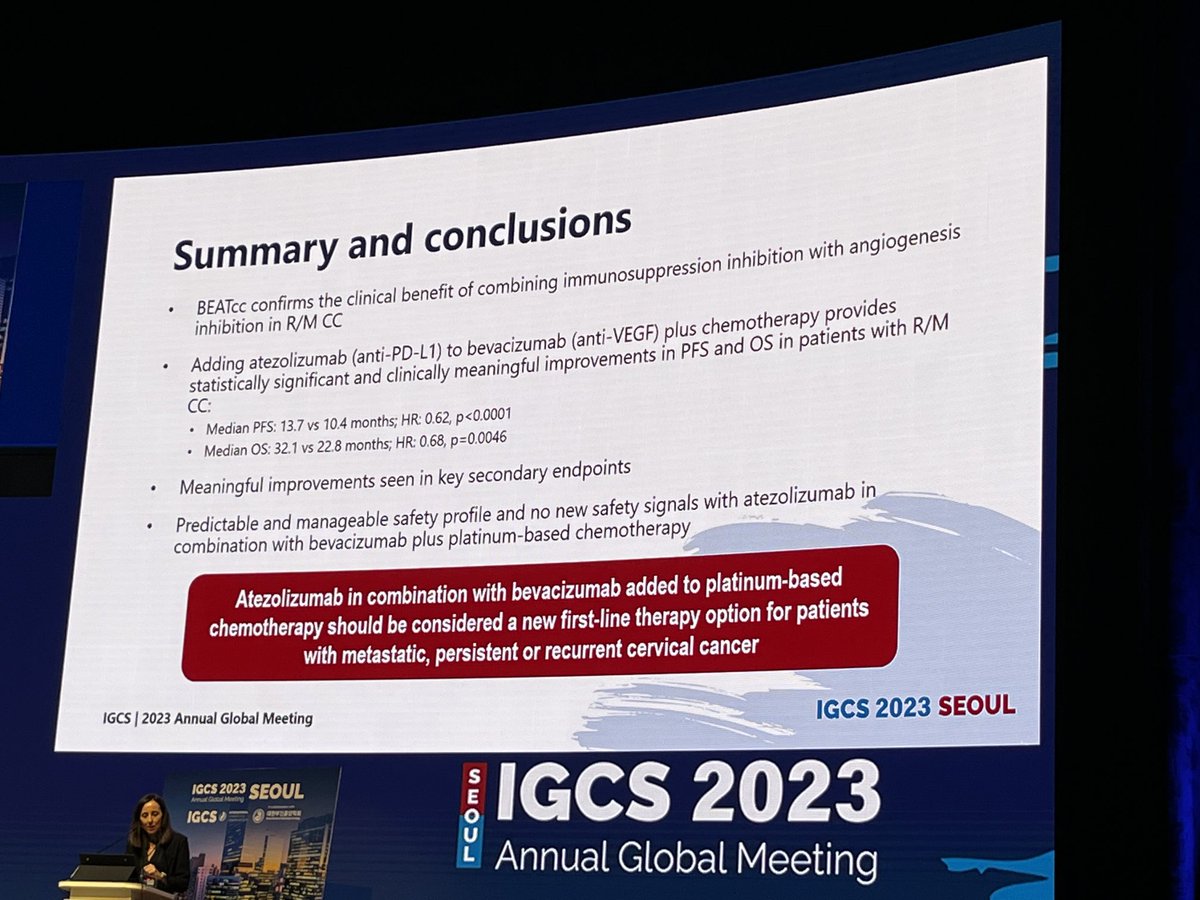 Atezo+Bev+CT increased OS with increased DOR without sig increase in toxicity in BEATcc Trial on metastatic #cervixCancer thank you! to the presenter, all PI, and patients who contributed to this landmark study. #GYNCSM #IGCS2023