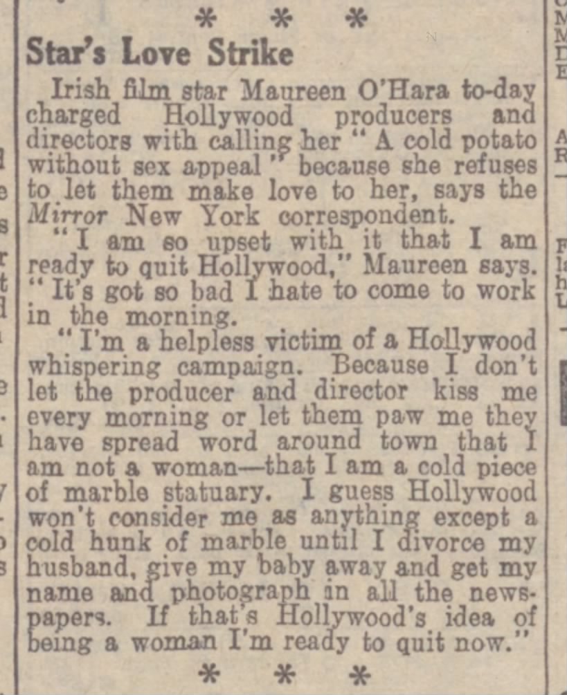 Brave actress Maureen O'Hara speaking out about sexual harassment and big Hollywood producers &amp; directors misbehaving, back in 1945.

newspapers.com/article/liverp…