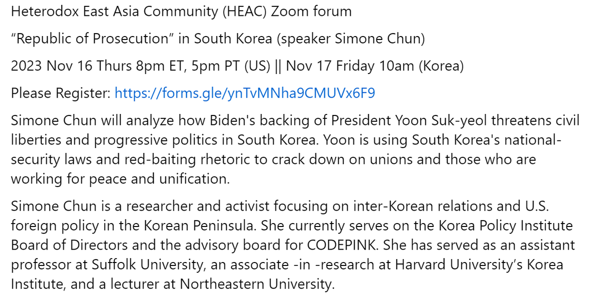 TheKpopProf's tweet photo. 16 Nov 5pm PACIFIC
Dr. #SimoneChun
#Biden #YoonSukyeol #윤석열 #한미관계 #USKoreanRelations #Politics #ForeignPolicy #RedBaiting
Register: https://t.co/fpTAUK68OB https://t.co/d6ISfdYcVb