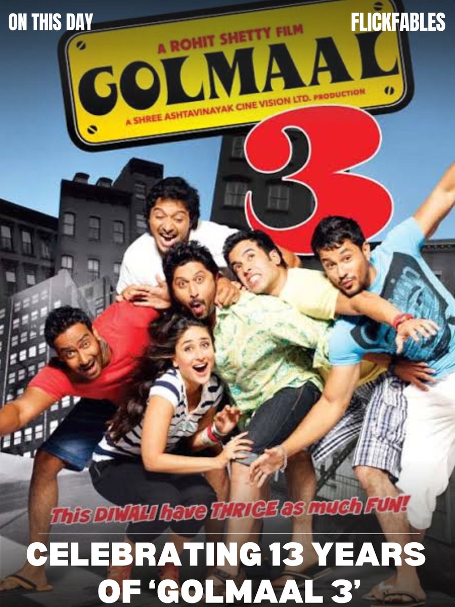 #FlickfablesOnThisDay #Episode42

Golmaal 3 

Today, in 2010, Hindi Action Comedy film directed by #RohitShetty #Golmaal3 was released. The film stars #AjayDevgn #ArshadWarsi #MithunChakraborty #KareenaKapoorKhan #TussharKapoor #ShreyasTalpade #KunalKhemu & #JohnnyLever.

#Cinema