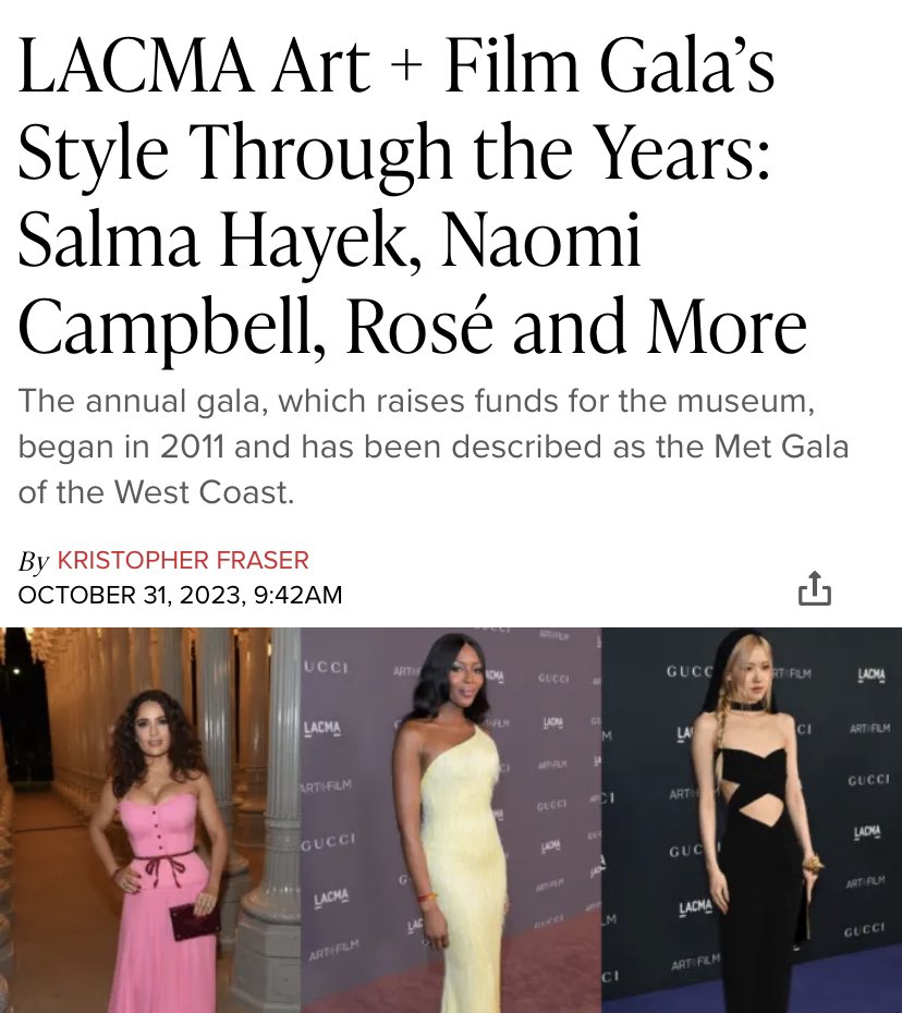 rosedailyupdate's tweet photo. The annual gala, which raises funds for the museum, began in 2011 and has been described as the Met Gala of the West Coast.

 ROSÉ AT LACMA GALA #ROSÉatLACMA2023 https://t.co/EK7O6uKPOT