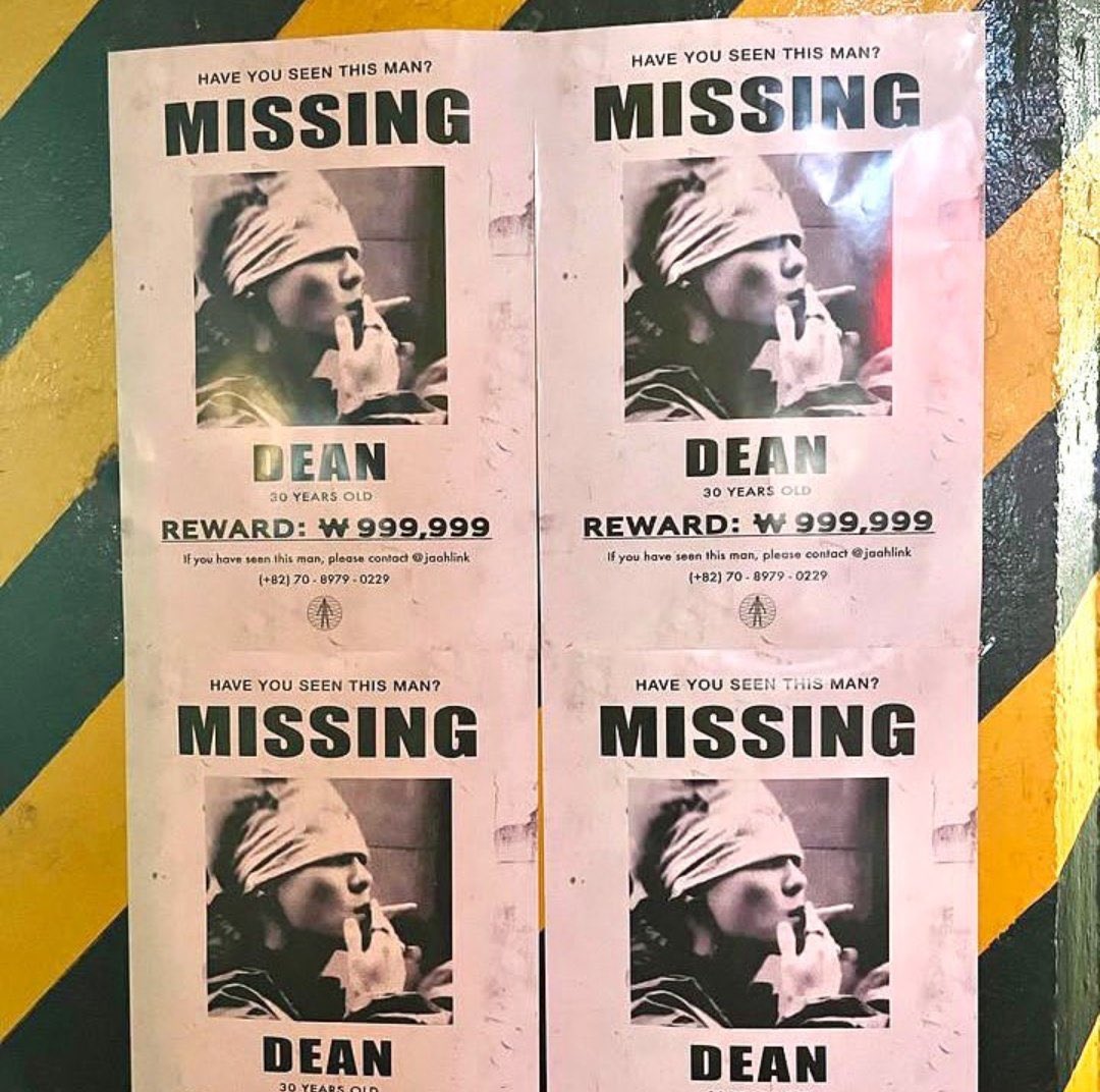 kchartsmaster's tweet photo. DEAN is seamingly teasing his comeback as fans began sharing photos of 'missing' posters of the singer hung up in Seoul. 

The poster encourages those who read the sign to contact @/jaahlink on Instagram or call the number (+82) 70-8979-0229. When called, a mysterious audio snippet is played.