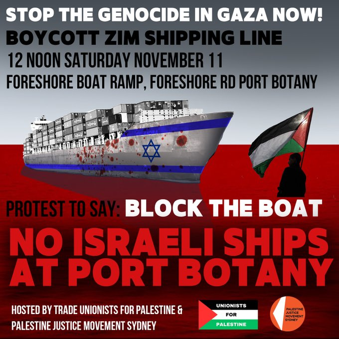 JJKALE2's tweet photo. The Israeli shipping line ZIM has transported white phosphorous and other chemical weapons used by Israelis against Palestinian children, families and workers in the besieged Gaza Strip. 

Genocide enabling Zim must be unwelcome in Port Botany.

Join the union protest Sat Nov 11. https://t.co/V6E23Ms97c