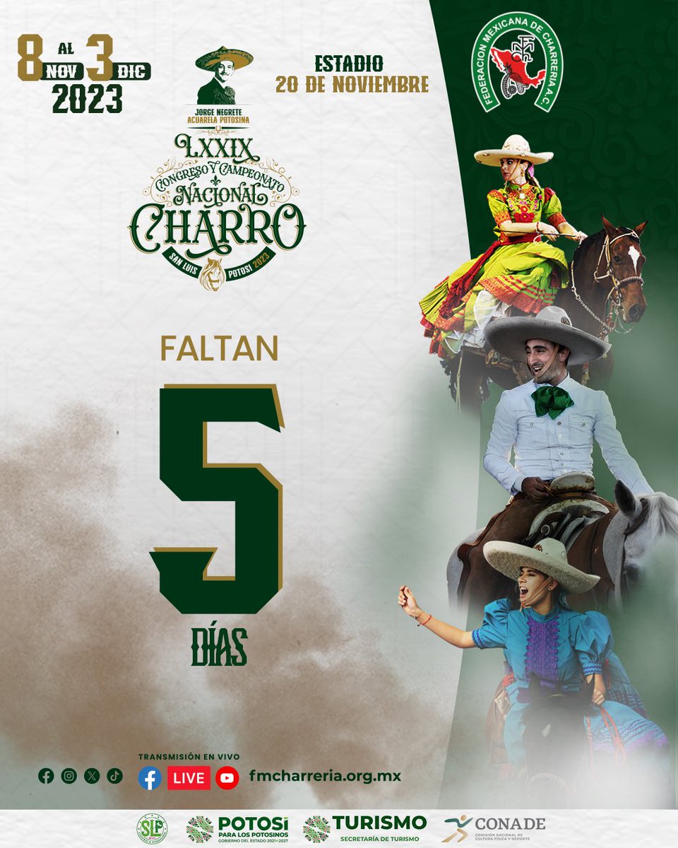 FMCharreria's tweet photo. F A L T A N  5  D Í A S #FamiliaCharra 🇲🇽🇺🇸

¡Boletos disponibles!
��️ https://t.co/QeKyrmhdVz

#FamiliaCharra 🇲🇽🇺🇸
#CharreríaOrgulloDeMexico 
#CongresoNacionalCharroSlp2023 https://t.co/CQ7qezeUxX