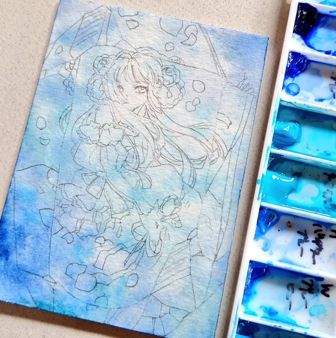 #絵描きの皆さんの使ってる画材を知りたい  下書き:水彩色鉛筆or鉛筆 線画:シャーペンorペン(シグノ) 着色:透明水彩(ホルベイン/W&N)、筆ペン 装飾:金・銀ペン、マニキュア  です!